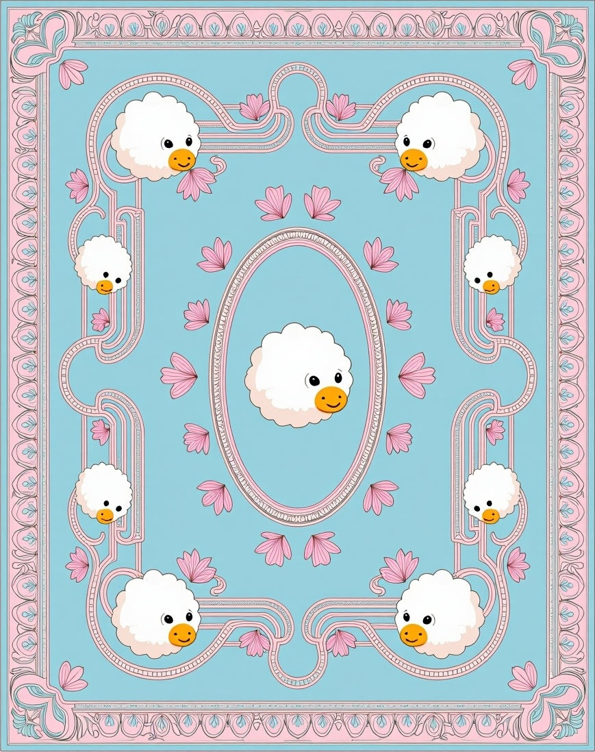 Whimsical Blue Sheep Floral Border Rug