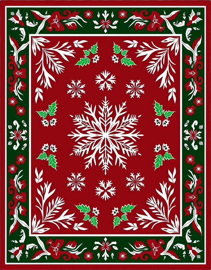 Festive Red Snowflake Holly Border Rug