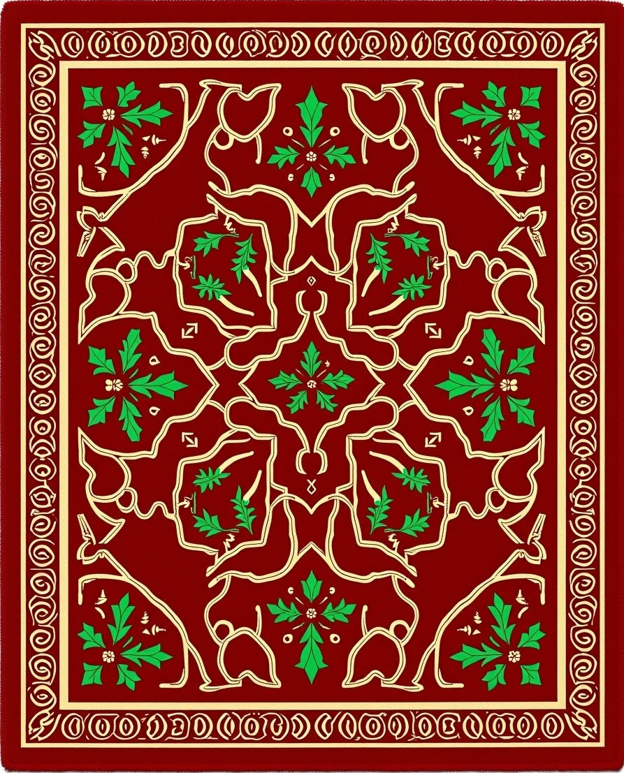 Crimson Green Floral Scrollwork Medallion Rug