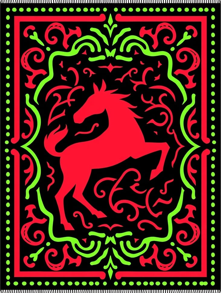 Bold Red Horse Black Ornament Rug