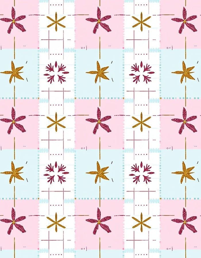 Pastel Pink Gold Star Floral Grid Rug