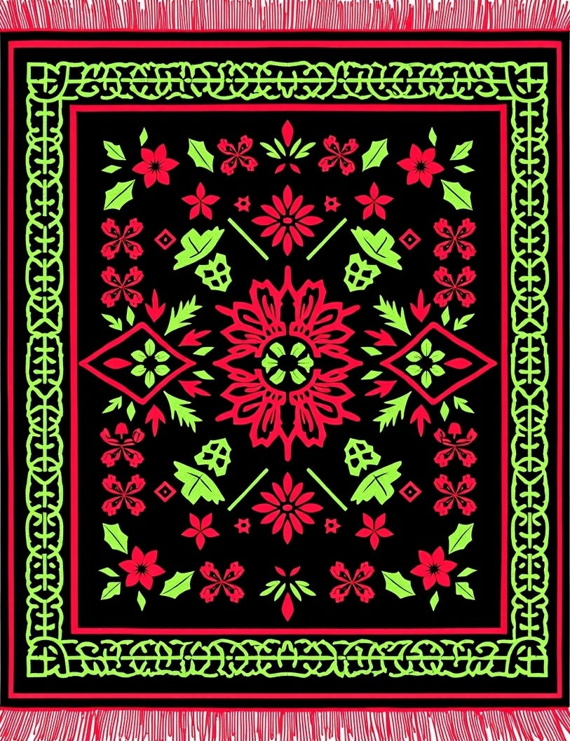 Bold Black Red Lime Floral Medallion Rug