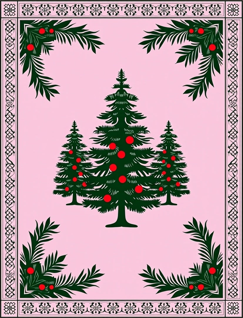 Pink Evergreen Christmas Tree Border Rug