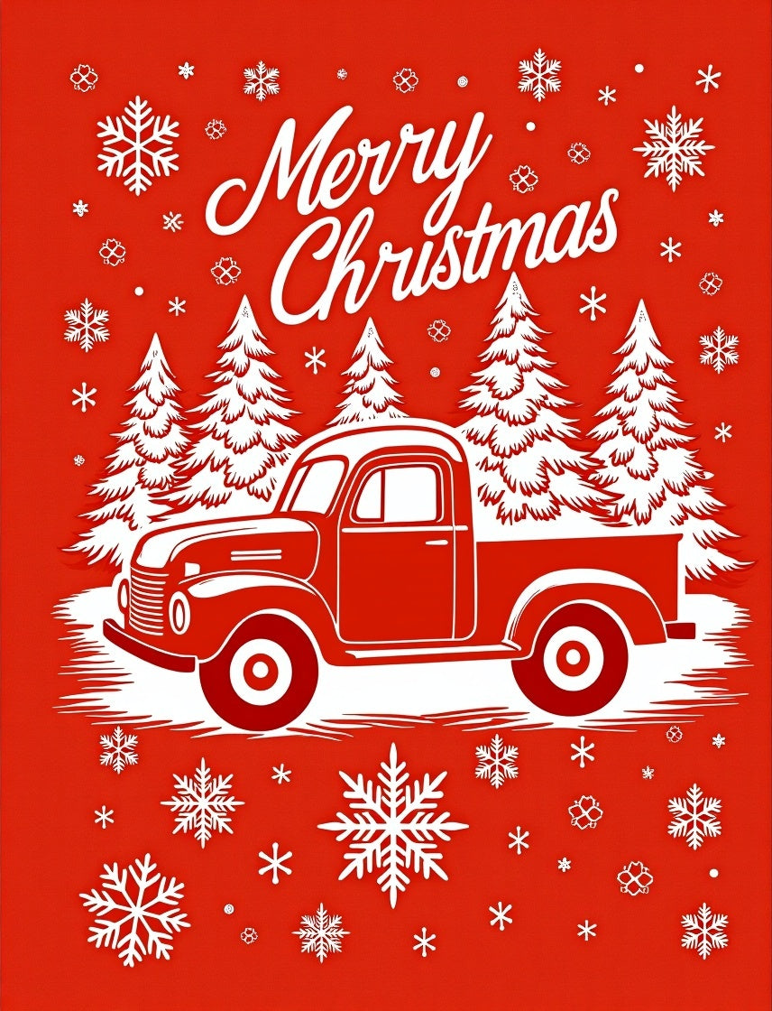 Vintage Red Truck Snowflakes Christmas Card Rug