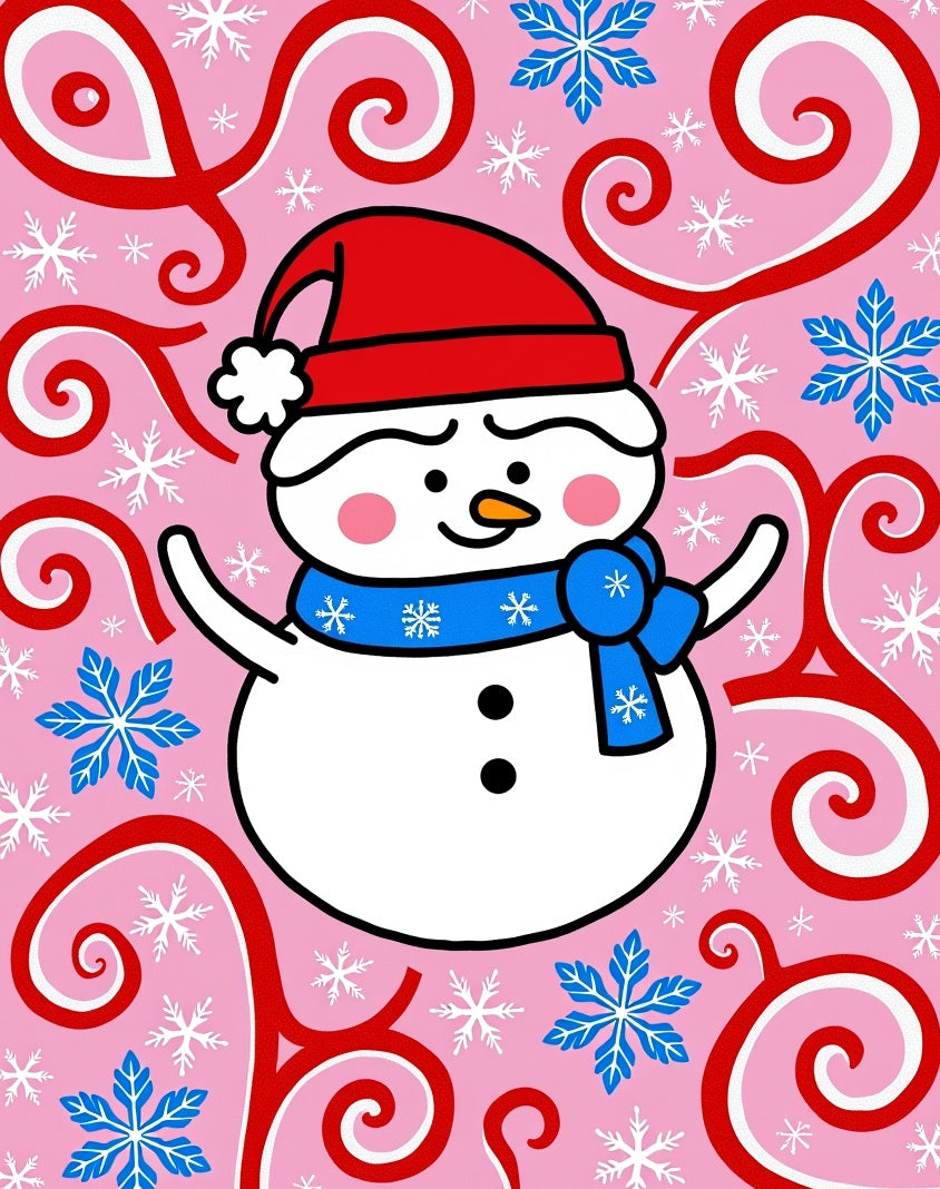 Pink Snowman Red Blue Snowflake Swirls Rug