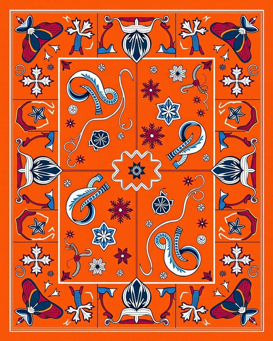 Orange Crimson Blue Butterfly Folk Art Rug