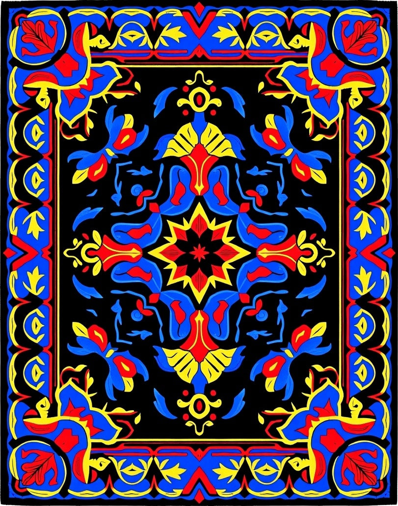 Bold Blue Red Yellow Floral Medallion Rug