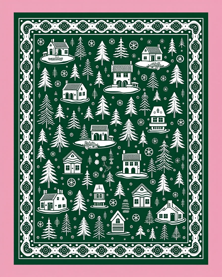 Forest Village Christmas Village Green White Rug
