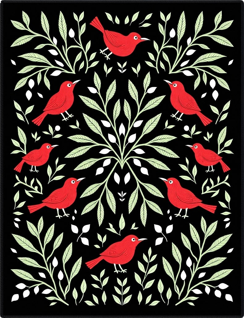 Crimson Birds Whimsical Black Foliage Rug