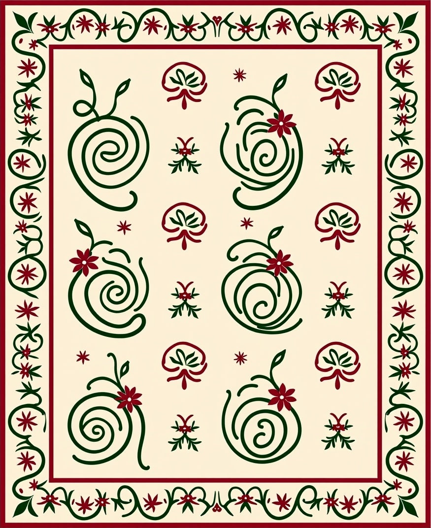 Crimson Green Swirl Floral Border Rug