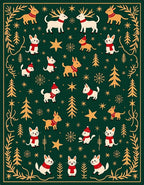 Festive Christmas Animals Gold Stars Green Rug