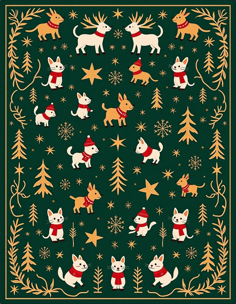 Festive Christmas Animals Gold Stars Green Rug