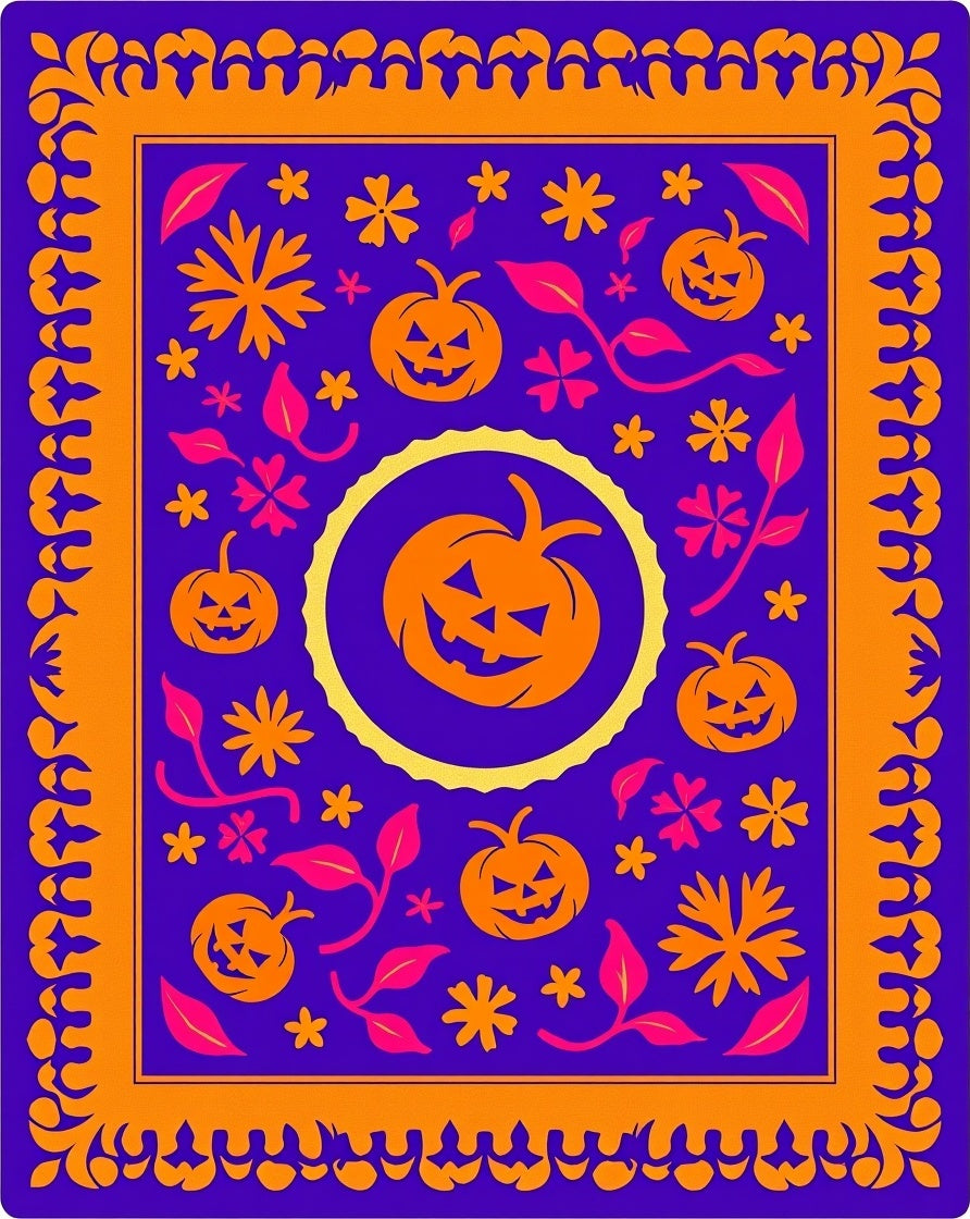 Whimsical Orange Pumpkin Floral Border Rug