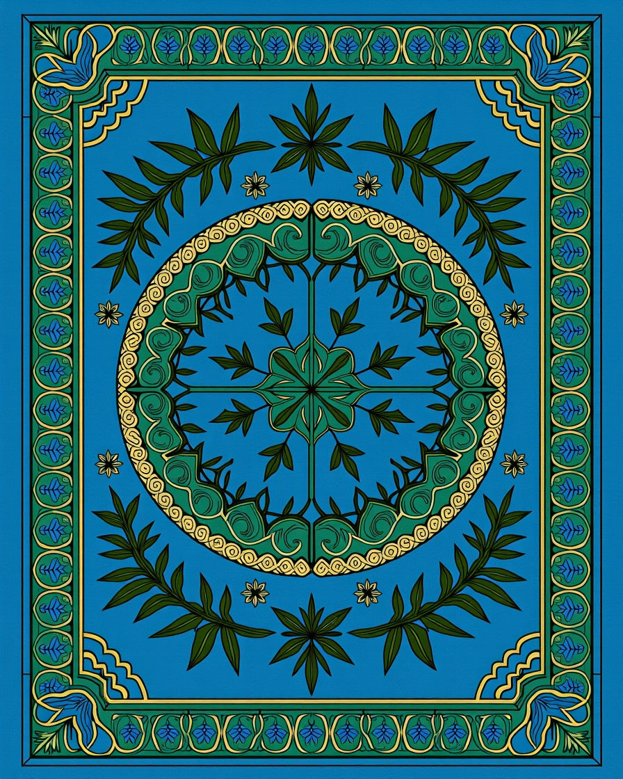 Emerald Green Leaf Medallion Blue Rug