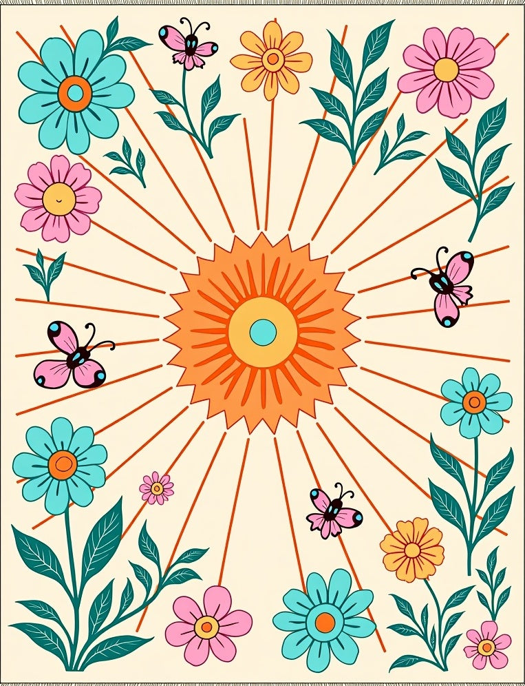 Retro Orange Sun Butterfly Floral Meadow Rug