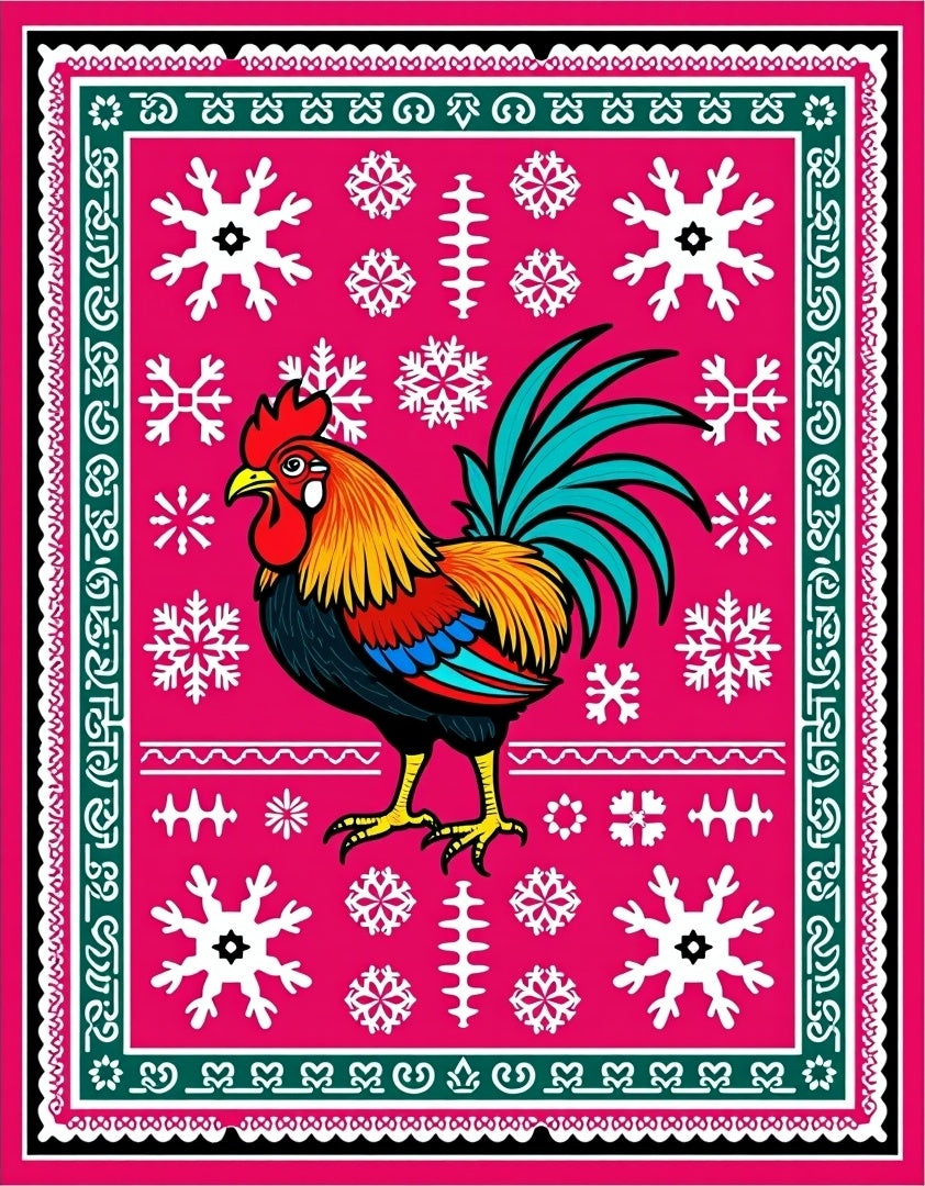 Vibrant Pink Rooster Snowflake Folk Art Rug