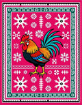 Vibrant Pink Rooster Snowflake Folk Art Rug