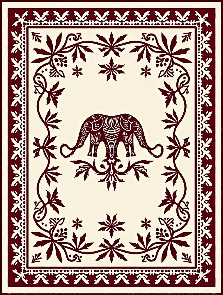 Crimson Elephant Floral Frame Rug