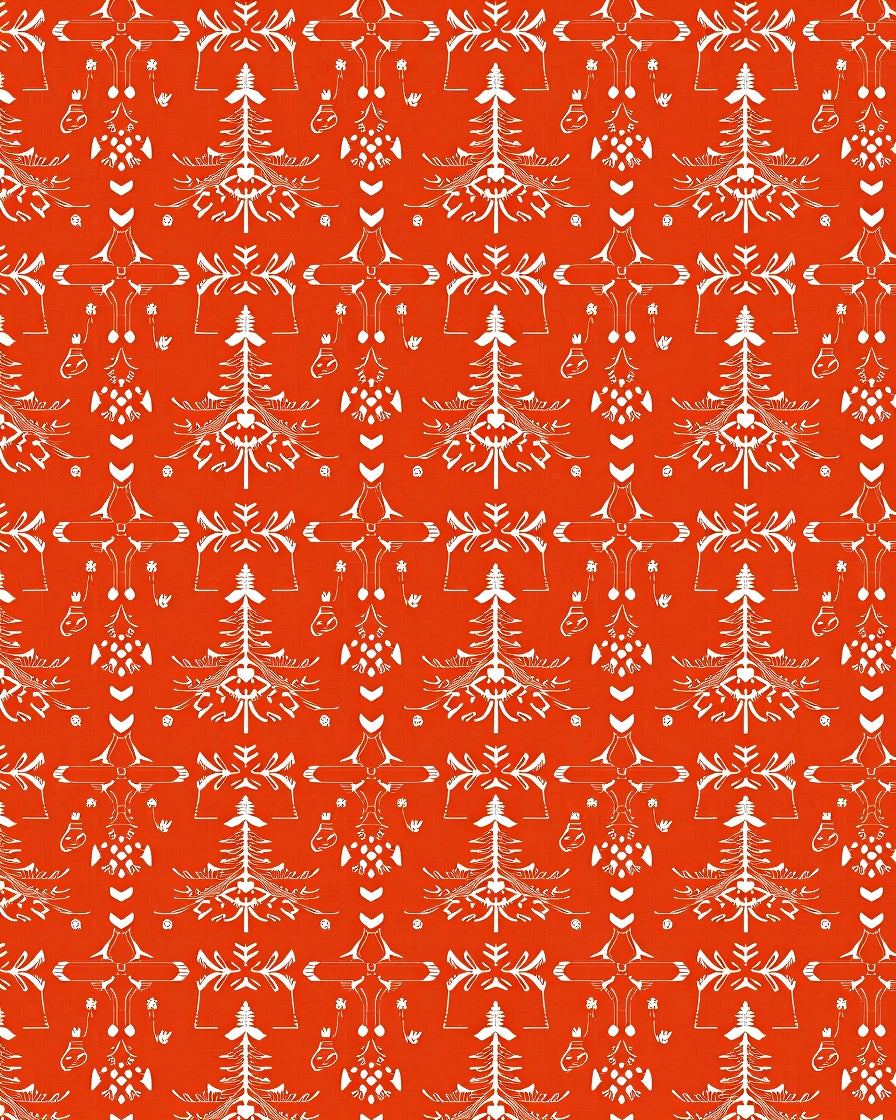 Orange White Folk Tree Medallion Rug