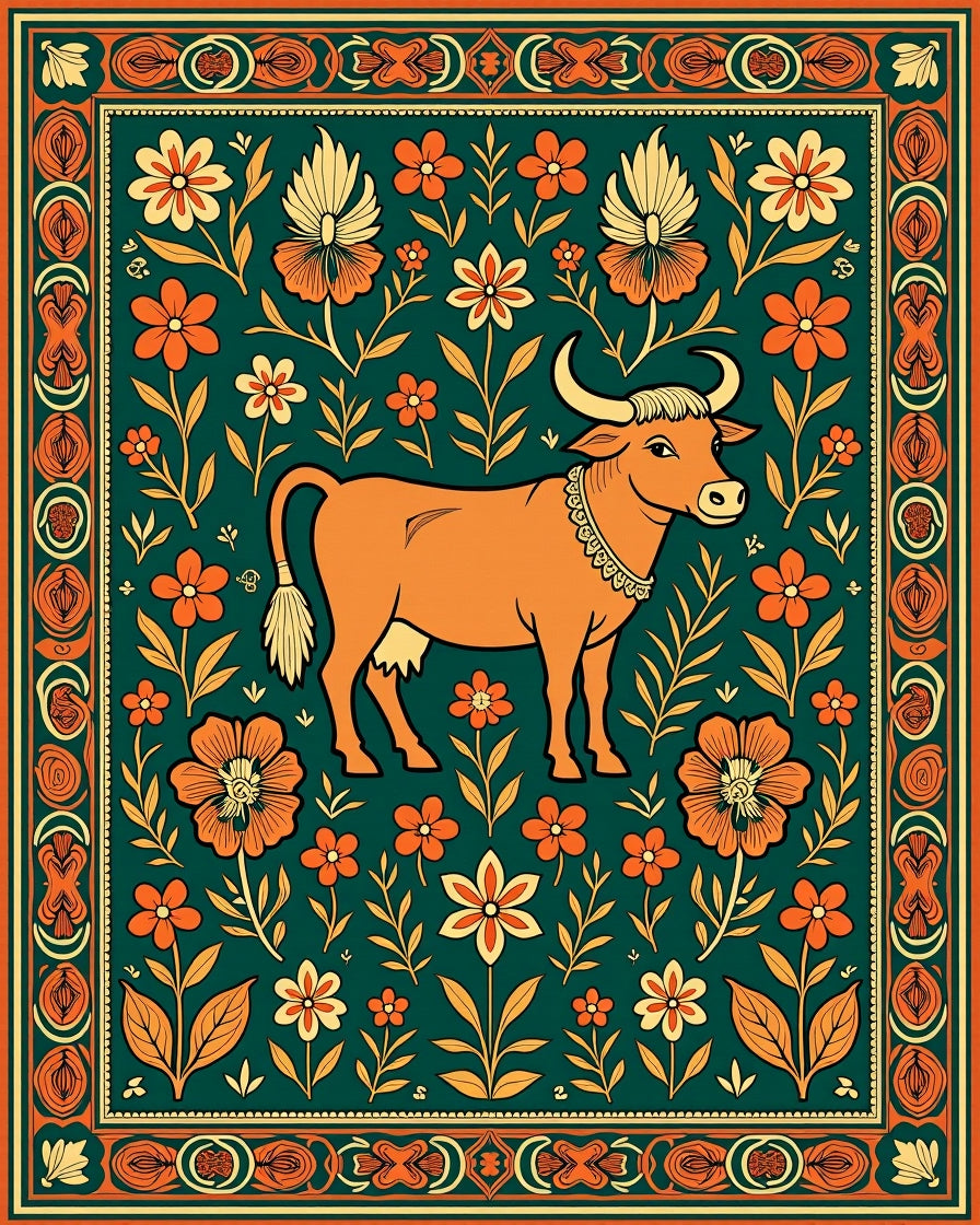 Orange Cow Floral Garden Rug