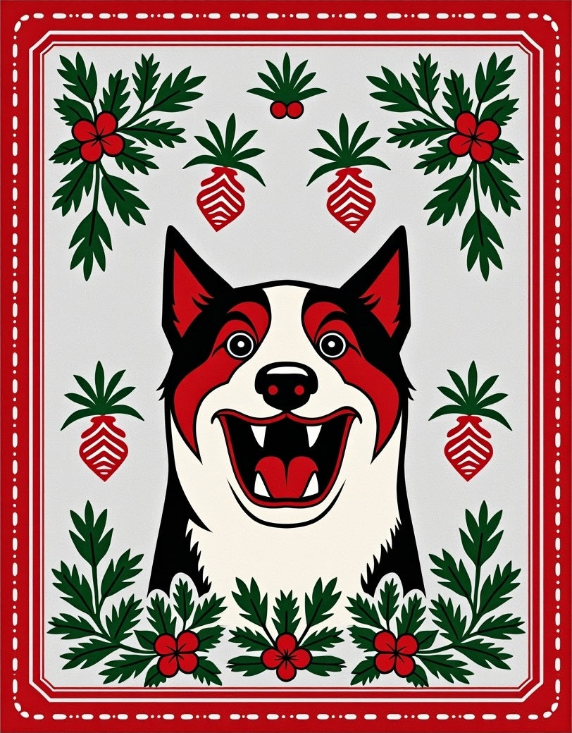 Happy Red Dog Whimsical Holly Sprigs Rug