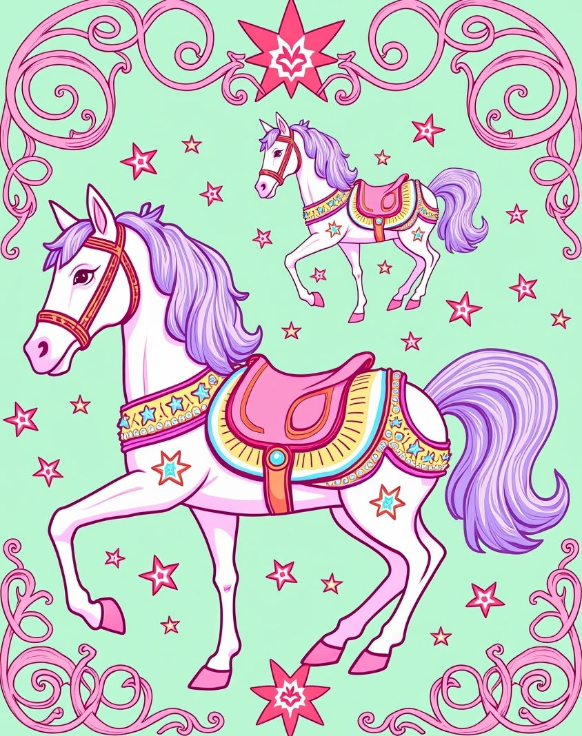Whimsical Pink Carousel Horses Stars Rug