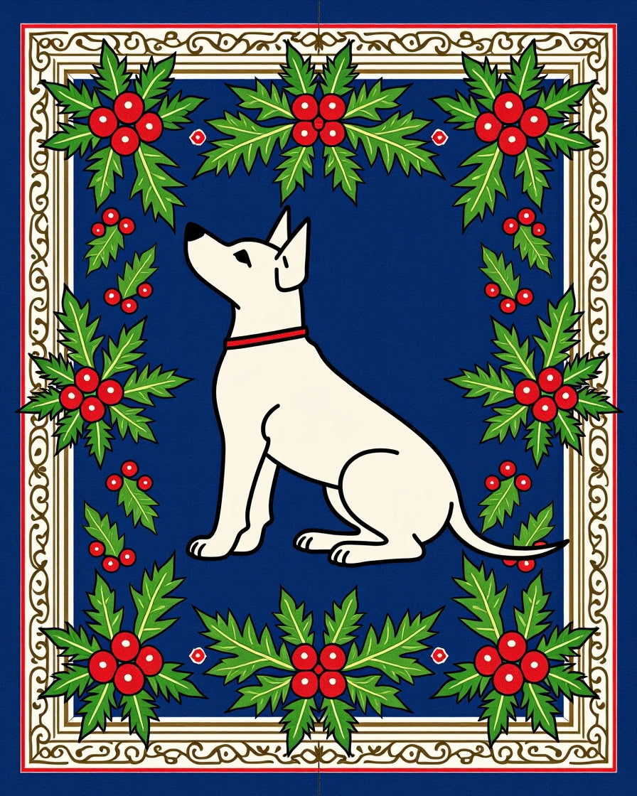 White Pup Holly Border Oval Rug