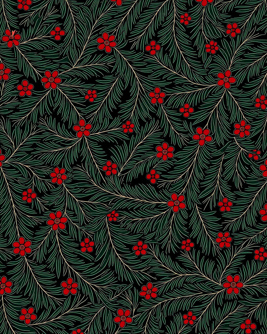 Crimson Floral Greenery Black Background Rug