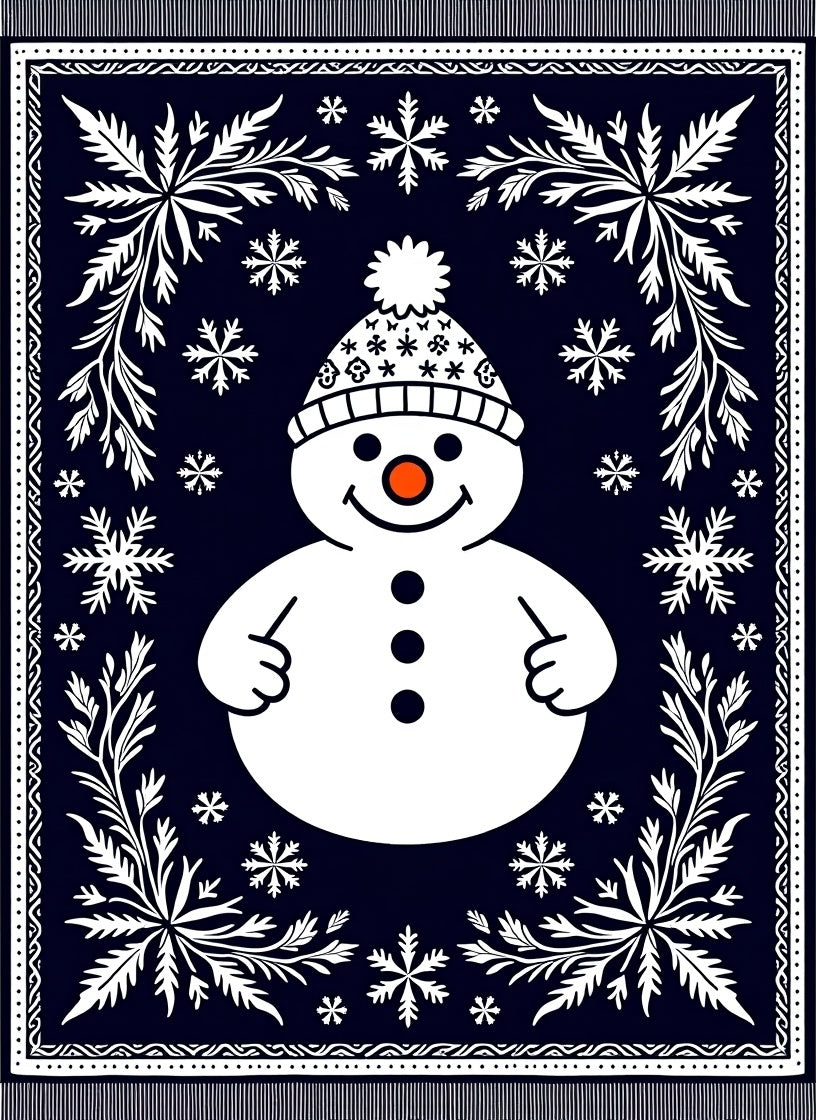 Dark Blue Snowman Snowflake Frame Rug