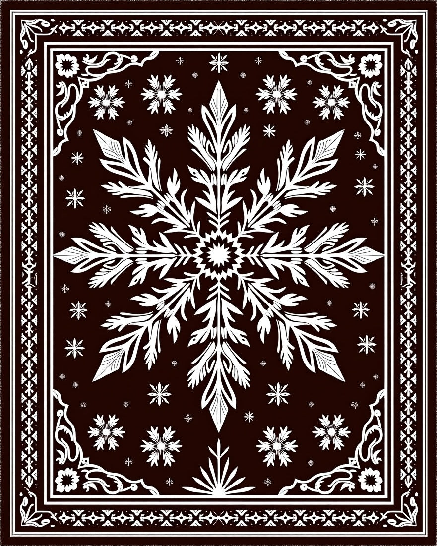 Dark Brown White Floral Snowflake Rug