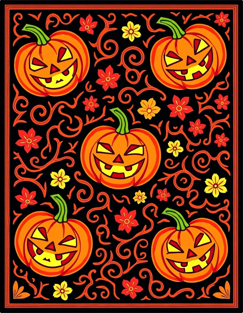 Spooky Orange Jack-o'-lantern Skull Vine Rug