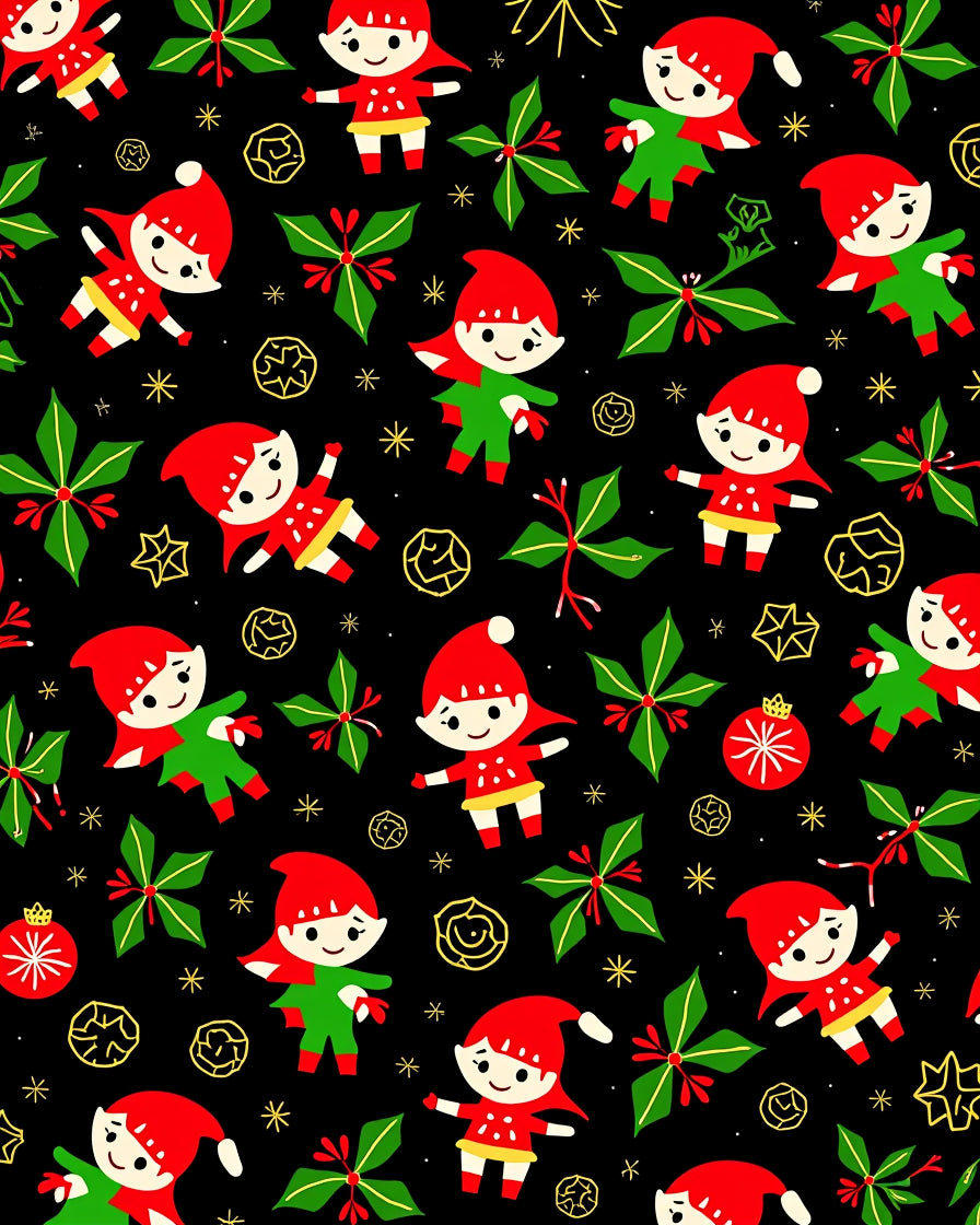 Festive Christmas Elves Poinsettia Black Rug