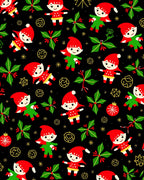 Festive Christmas Elves Poinsettia Black Rug
