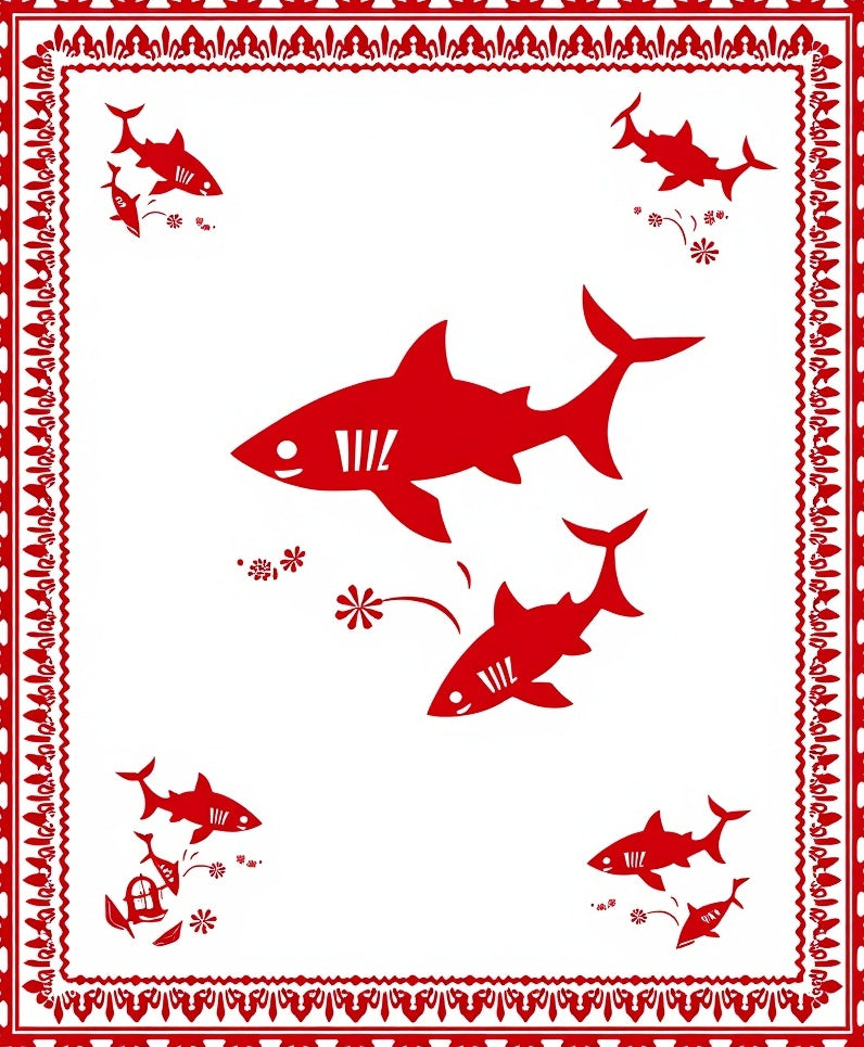Red Sharks Underwater Floral Border Rug
