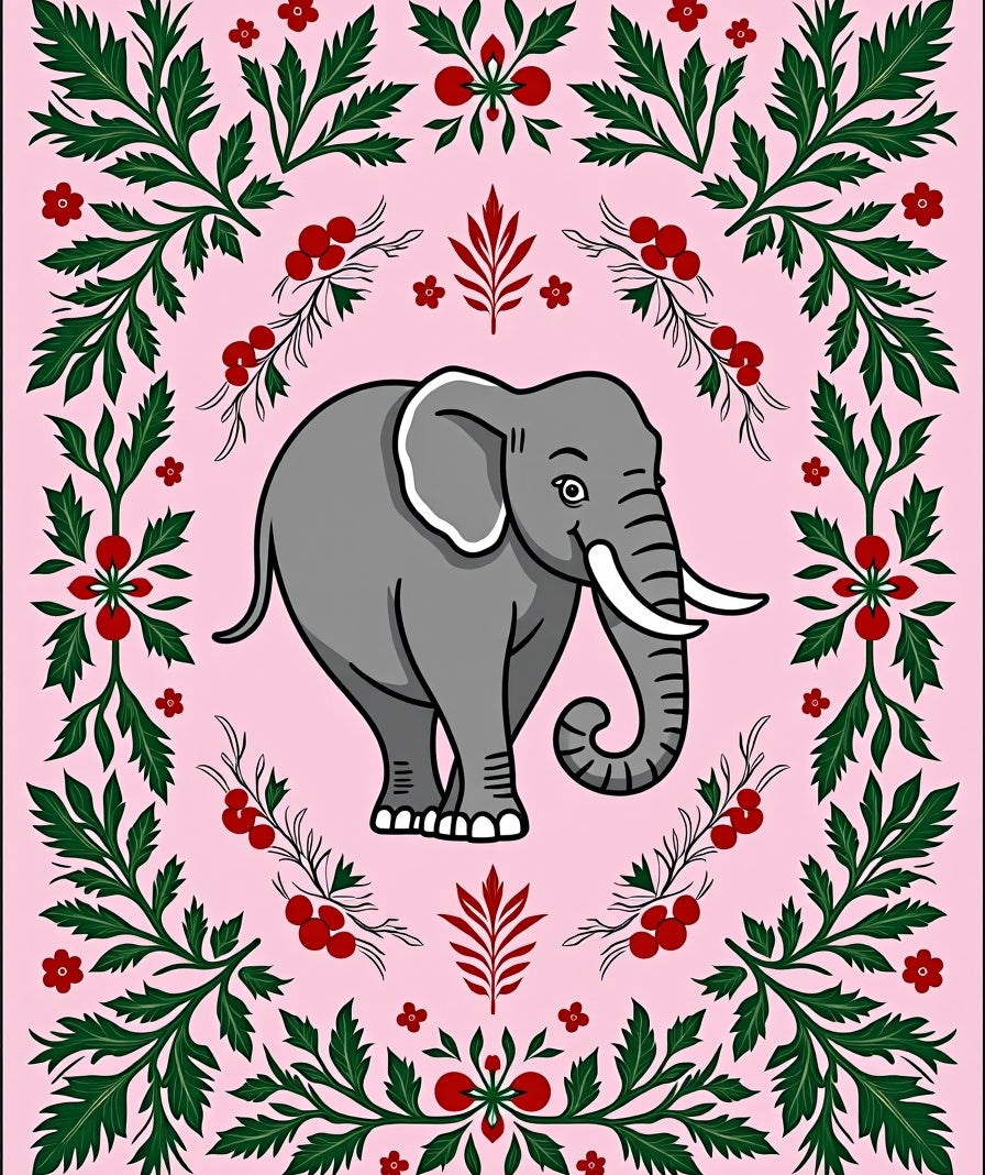 Whimsical Pink Elephant Floral Border Rug