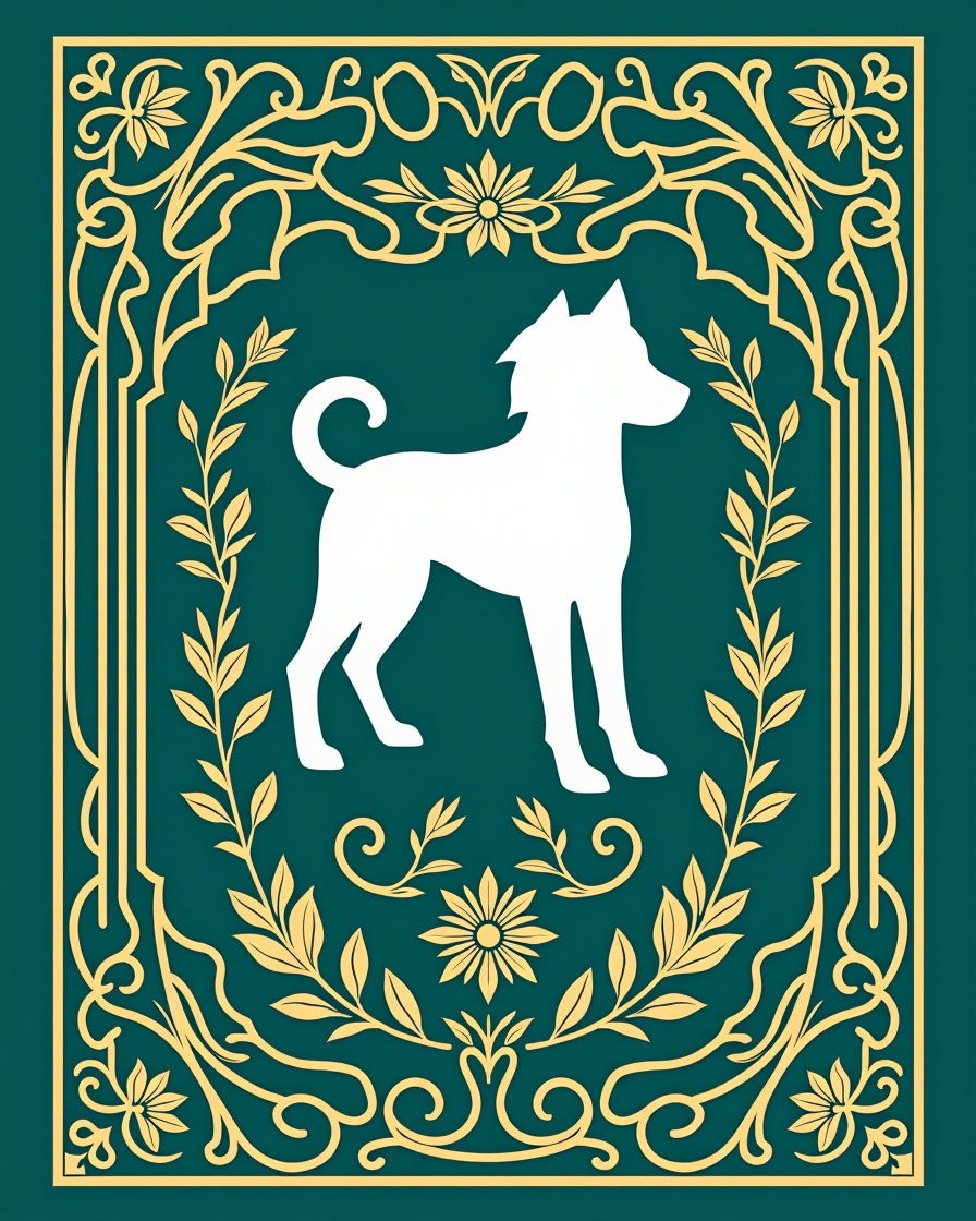 Golden Emerald Dog Silhouette Floral Border Rug