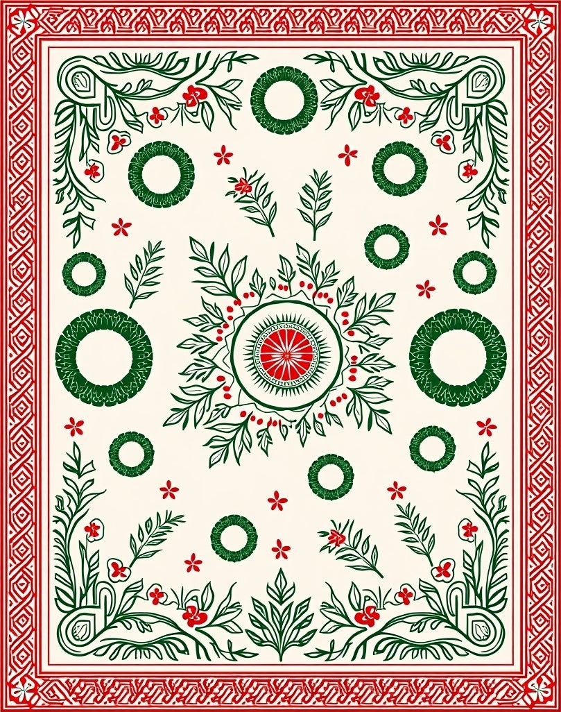 Vintage Red Green Floral Wreath Medallion Rug
