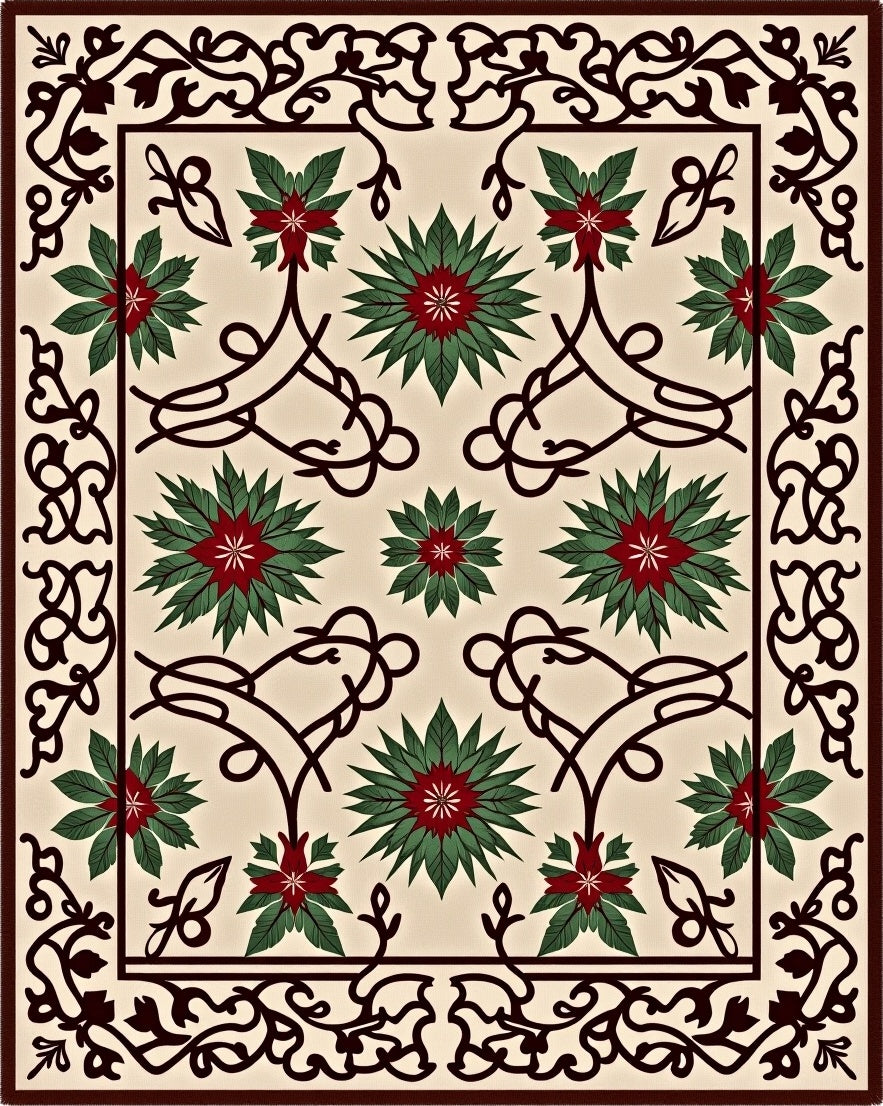Crimson Green Floral Scrollwork Rug