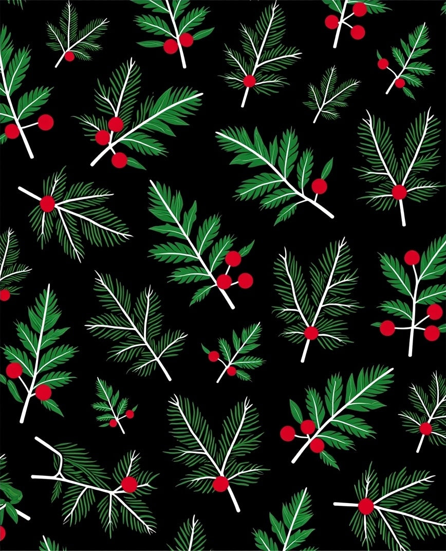Green Fir Sprigs Red Berries Black Rug