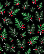 Green Fir Sprigs Red Berries Black Rug