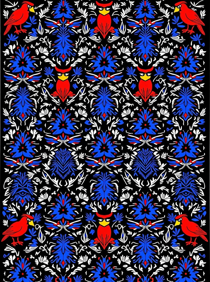 Red Cardinal Blue Floral Symmetry Rug