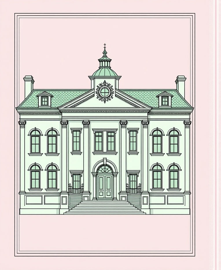 Neoclassical Building Mint Green Outline Rug