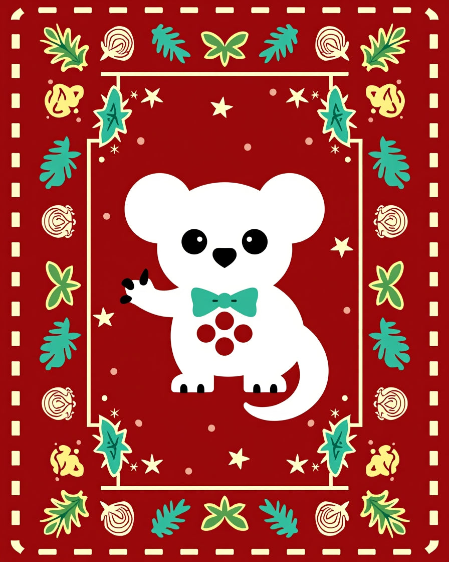 White Bear With Teal Bow Red Border Rug