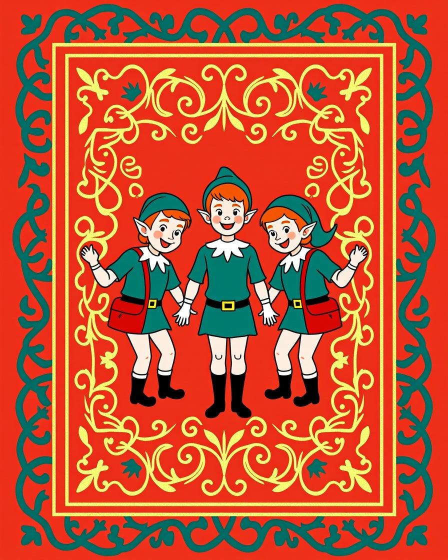 Whimsical elves in vibrant green outfits Rug