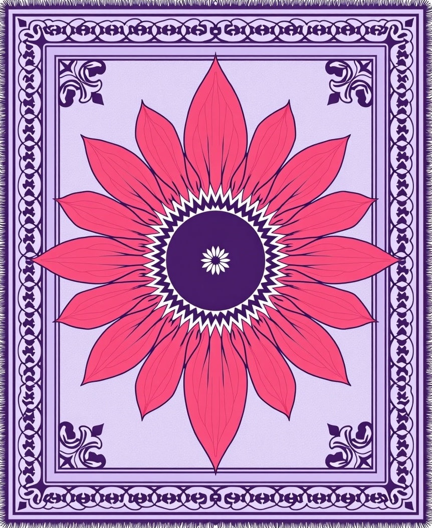 Vibrant Pink Petal Medallion Purple Border Rug