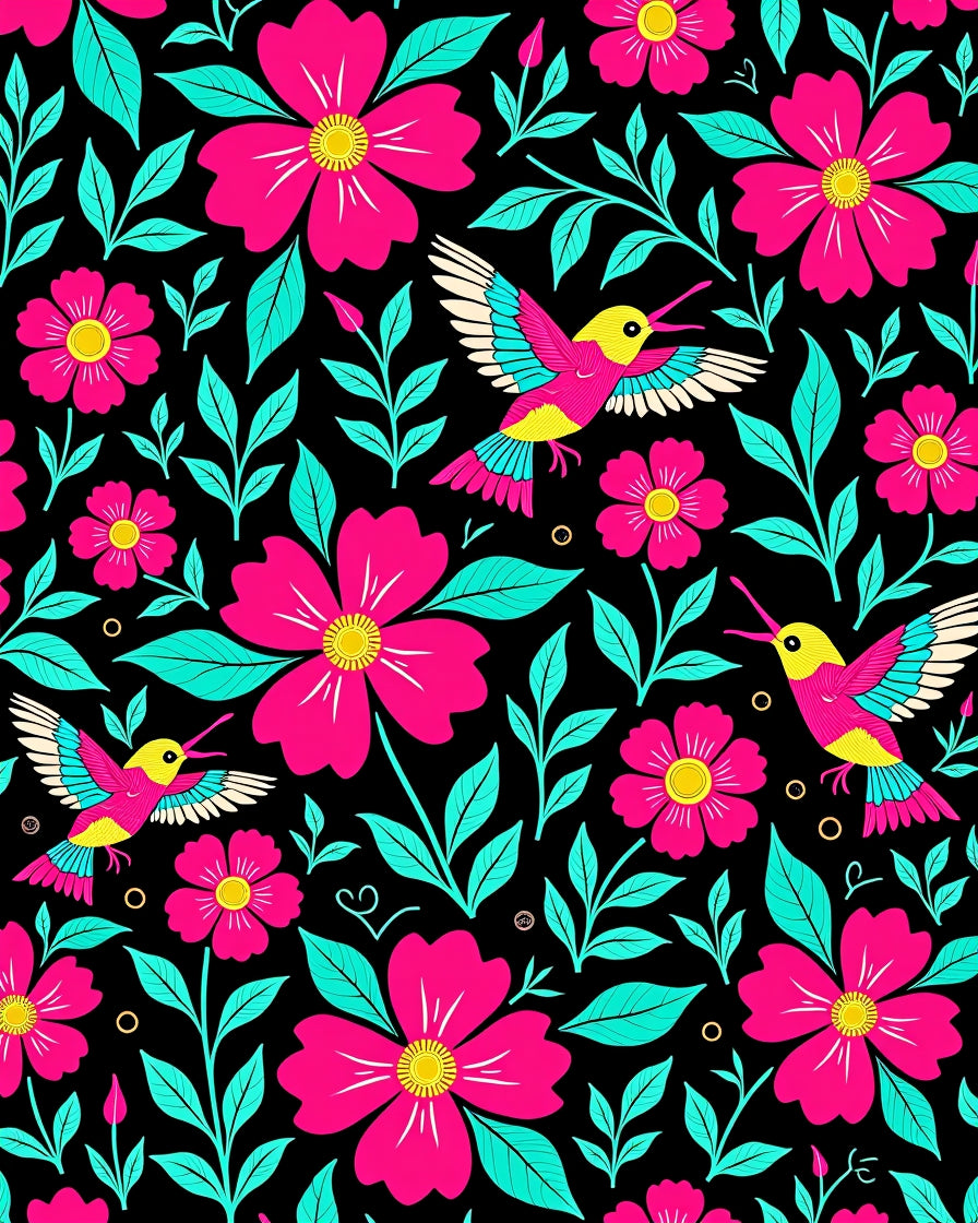 Vibrant Pink Floral Hummingbird Garden Rug