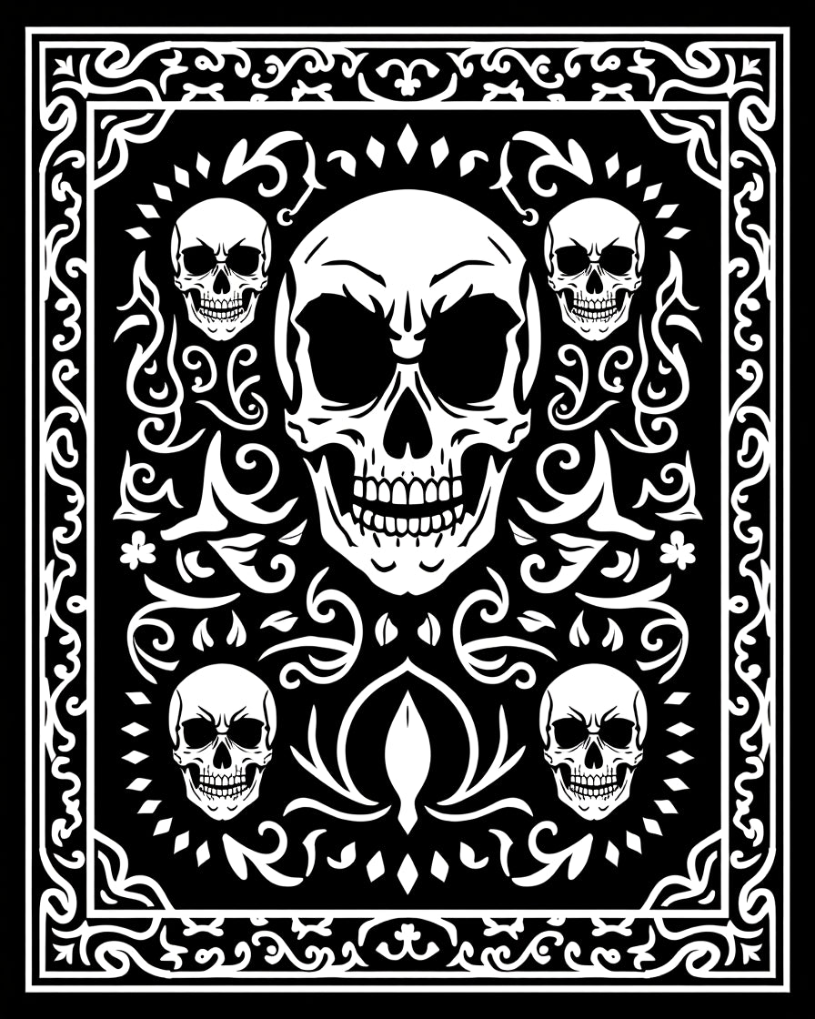 Gothic Skull Floral Black White Square Rug