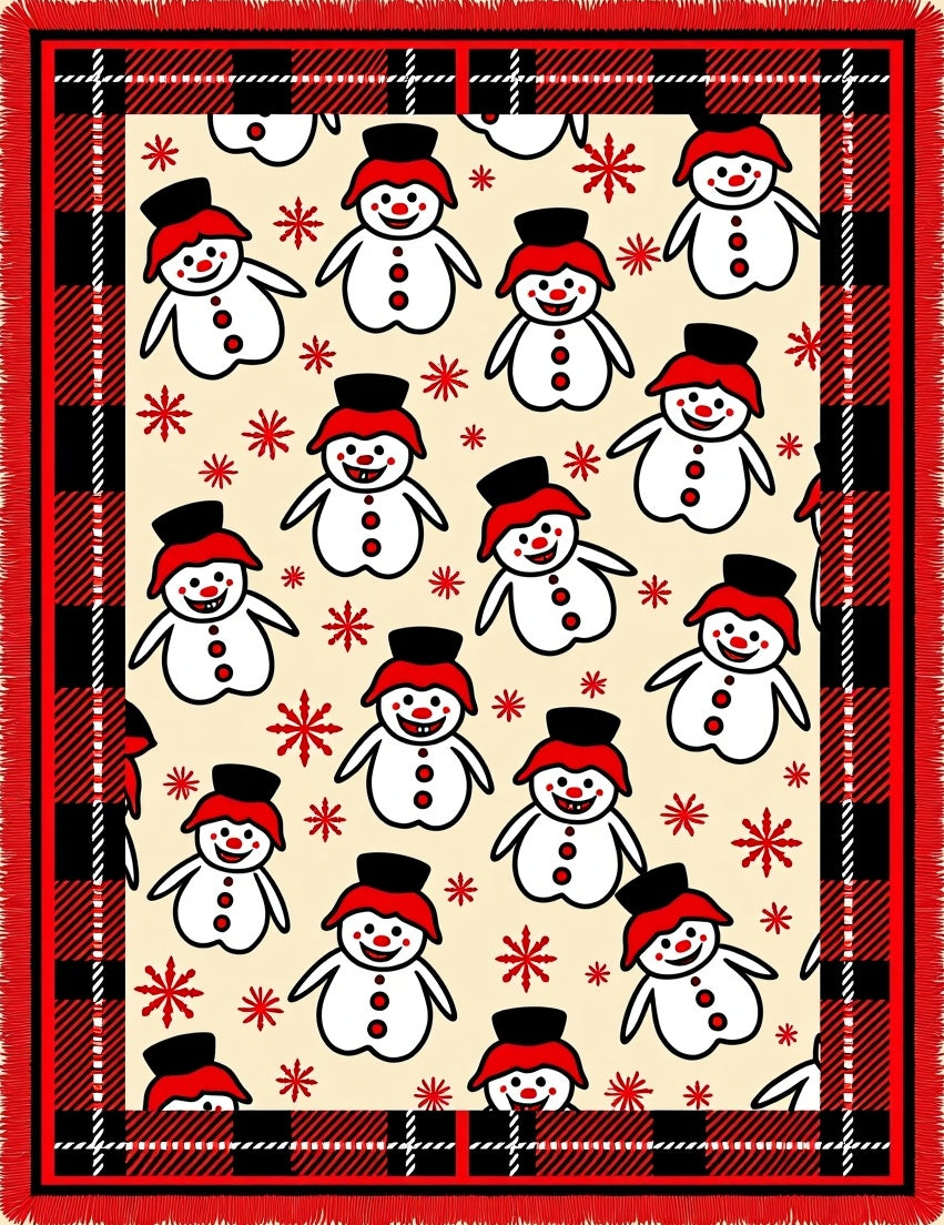 Cheerful Snowman Red Plaid Border Rug