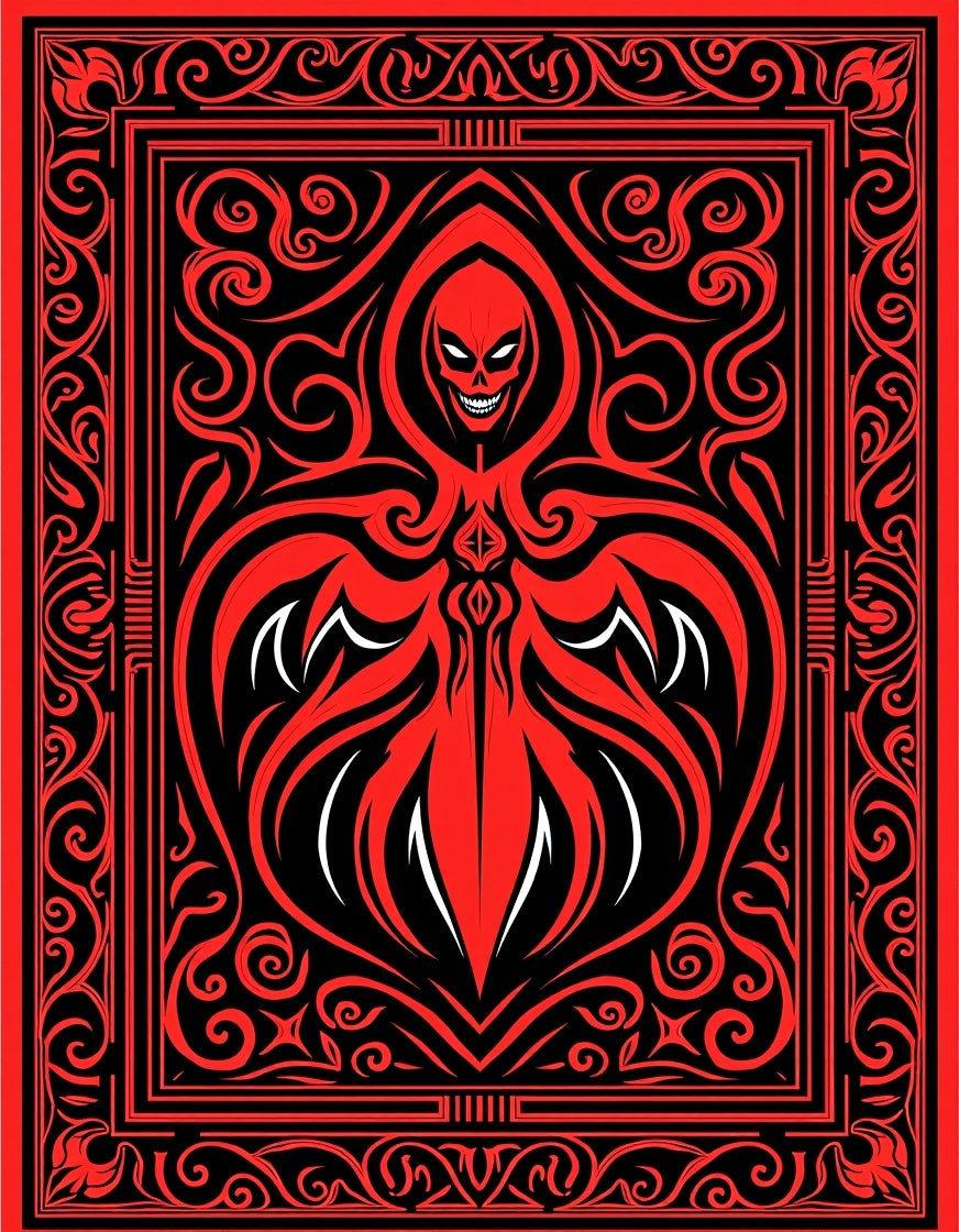 Crimson Red Skull Tribal Scrollwork Art Rug