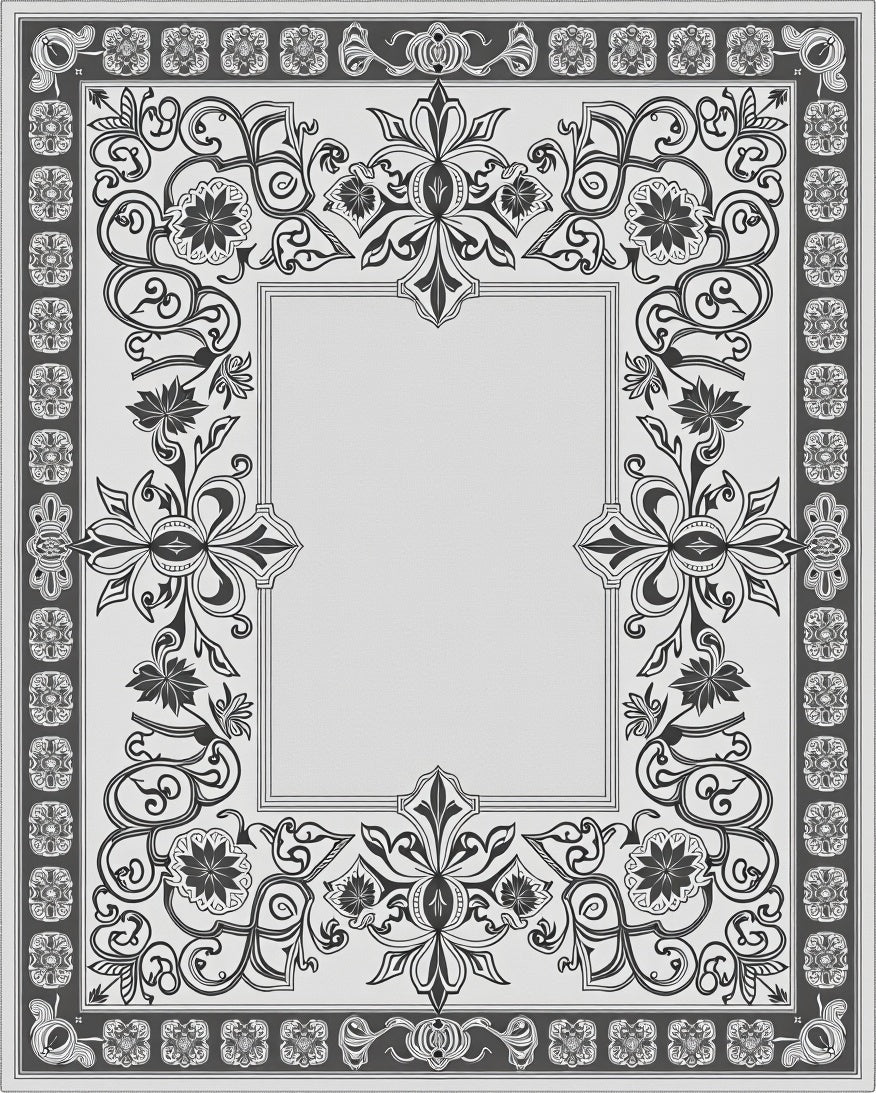 Ornate Floral Scroll Frame Gray Rug